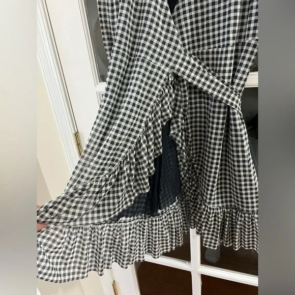GANNI Gingham Ruffled Mesh Mini Dress In Black - Size 34 US 2 - Picture 7 of 9